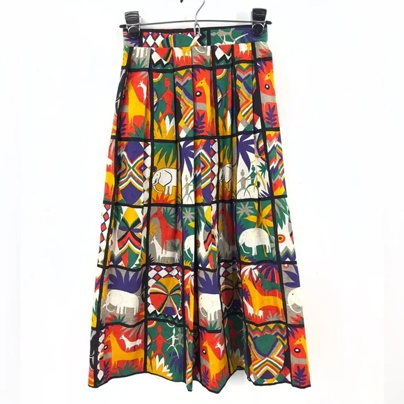 Vintage Safari Midi Skirt Womens 4 Art Statement Colorful Tribal Boho Indie USA - Picture 10 of 10